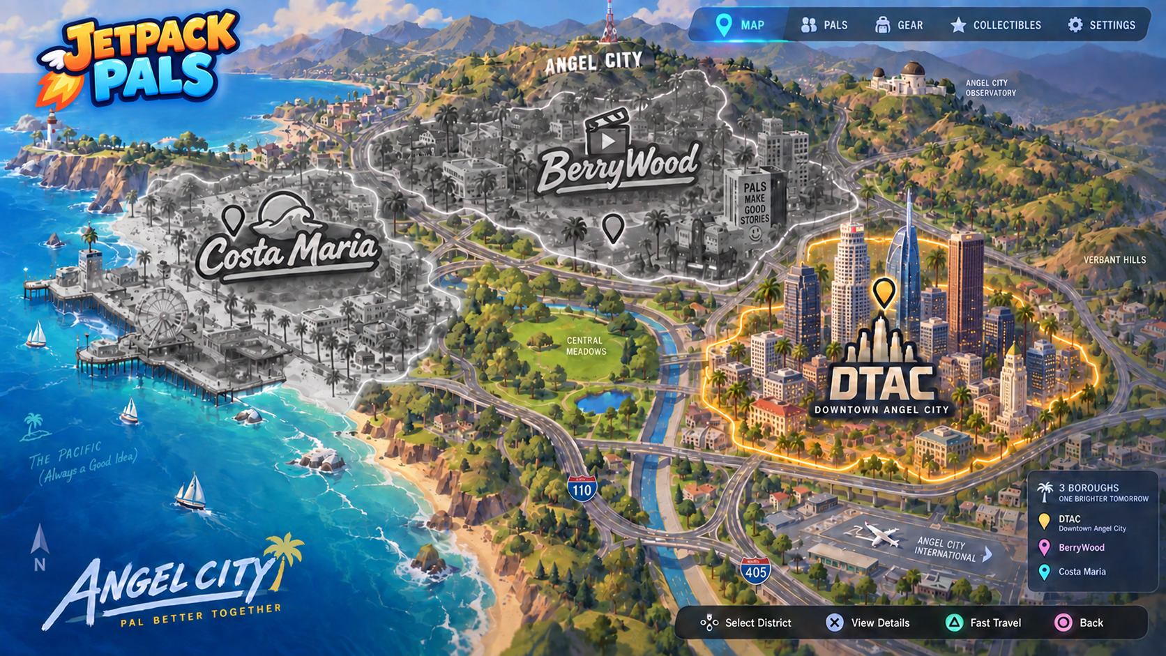 Angel City concept map with LA-inspired downtown towers; Costa Maria and BerryWood are greyed out and coming soon