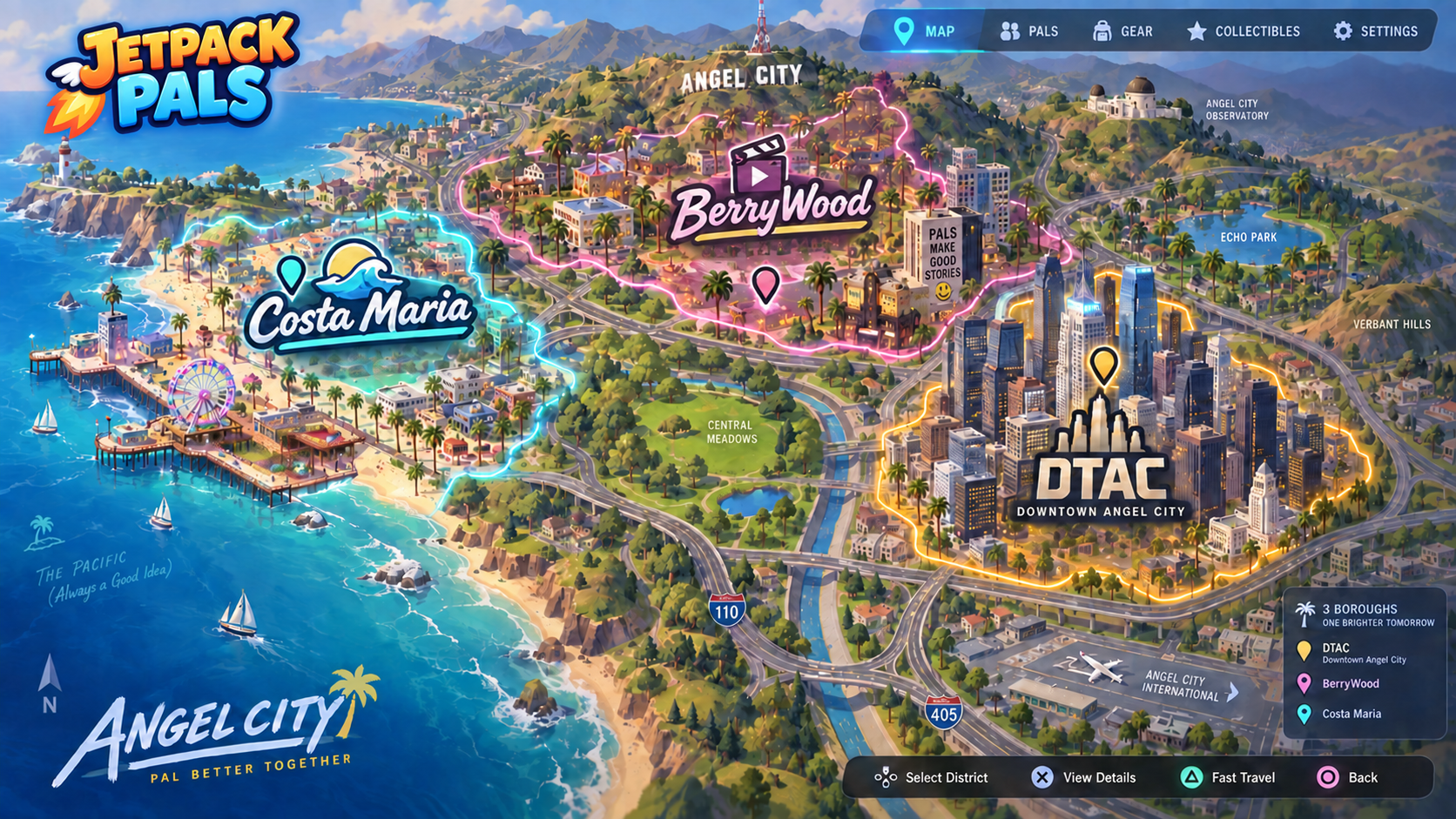 Angel City concept map: Costa Maria on the coast, BerryWood in the hills, and DTAC's downtown skyline